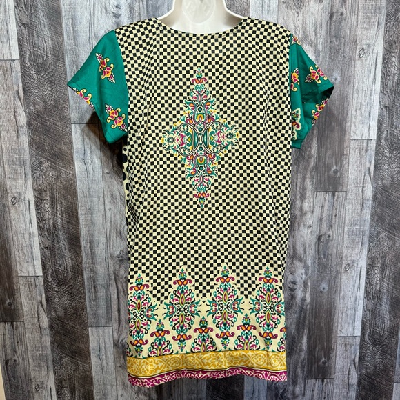 Colorful Boho Short Sleeve Silky Tunic Top- Sz. 40/Medium - Picture 5 of 9